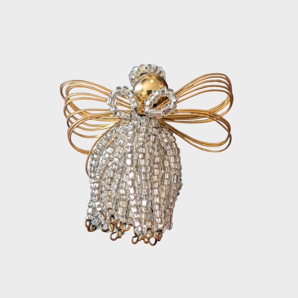 Vintage Handmade Angel Pin Women OS Gold White Excellent Christmas Beaded Brooch